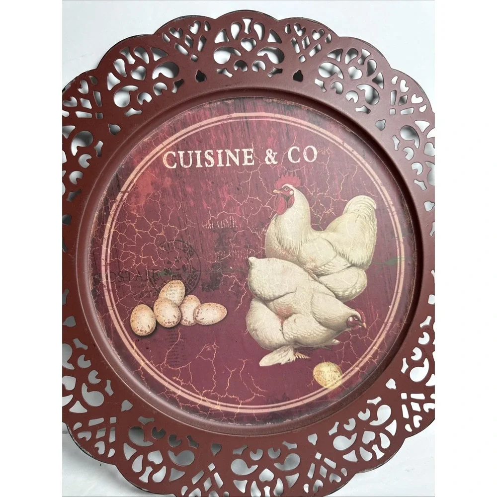 Chicken Metal Wall Plate Red Laced Edge-light Green Set‎ Of 2 12 Inch Hanging